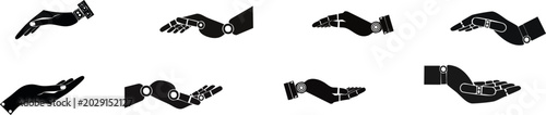 Silhouette of creative AI concept. Silhouettes of robotic hands in various open and reaching gestures, illustrating technology and artificial intelligence concepts.