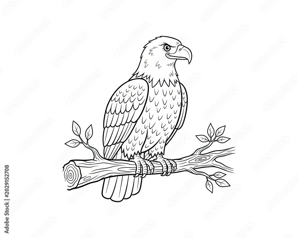 Fototapeta premium Bald eagle perched on a branch with leaves, side profile, isolated on white, bird of prey