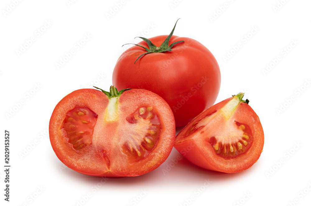 Fototapeta premium Whole tomato with half and a quarter slice isolated on white background
