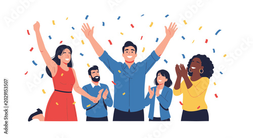 Canvastavla Happy diverse people celebrating success with confetti, teamwork achievement