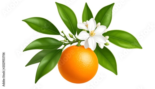 A vibrant orange with leaves and delicate white blossoms on a white background