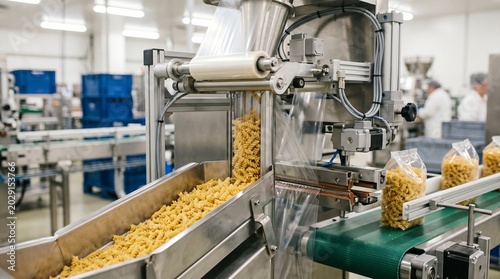 Automated pasta packaging machine processing dried fusilli noodles on a conveyor belt
