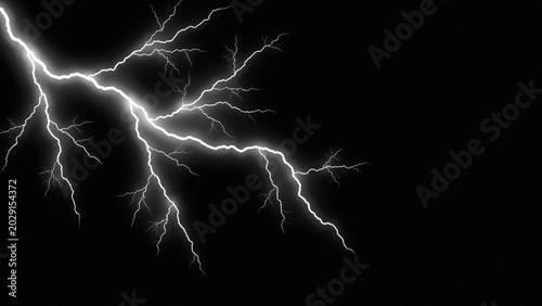 Powerful lightning bolt striking across black sky, electric discharge during thunderstorm, bright white energy flash on dark background