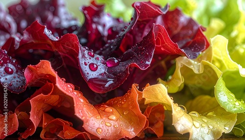Vibrant mix of lettuce leaves with dew drops close up