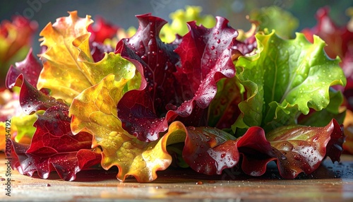 Vibrant mix of lettuce leaves on wooden surface with water droplets