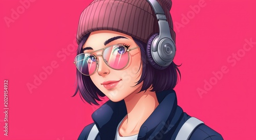 Cool Girl with Headphones: A stylish young woman with short purple hair, wearing a beanie and eyeglasses, enjoys music through her headphones against a vibrant pink backdrop.