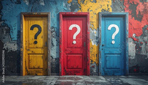 Colorful Weathered Doors Displaying Question Marks on Grungy Urban Wall
