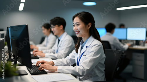 Medical Professionals at Work: A smiling Asian female doctor or researcher in a white lab coat, seated at a desk and typing on a computer keyboard, surrounded by colleagues in a modern office setting.