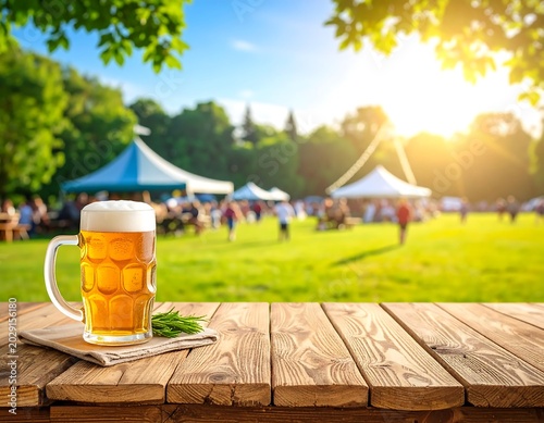 Golden Beer Mug Resting on Rustic Wooden Table at Sunny Outdoor Festival