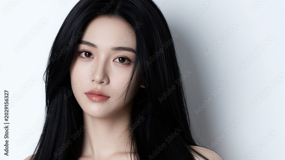 Naklejka premium Portrait of a Young Woman with Long Black Hair: A captivating close-up portrait of a young woman with striking long, dark hair and expressive eyes, her gaze directed towards the viewer.