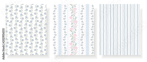 Fotografía Seamless shabby chic floral pattern set with delicate vines, stripes and pastel bows in soft blue and pink, ideal for wrapping paper, textile, wallpaper, scrapbook and feminine decor
