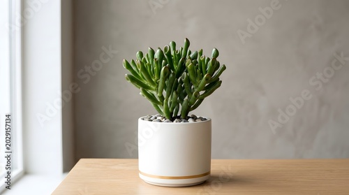 Jade plant in white ceramic pot on wooden surface indoor decor