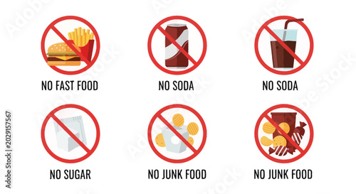 Bild auf Leinwand Healthy Lifestyle Icons: No Fast Food, Sugar, Soda, Junk Food Signs