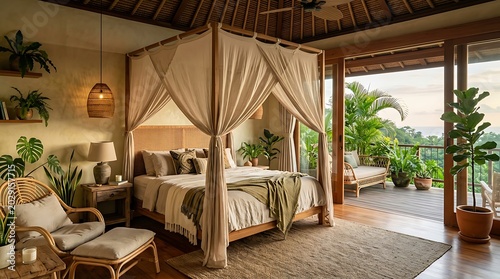 Inviting tropical bedroom sanctuary featuring a canopy bed, natural decor, and a breathtaking jungle vista, perfect for a peaceful retreat