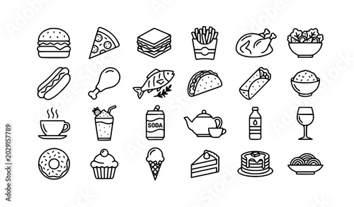 Minimal food and beverage outline icon collection vector