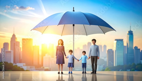 Family holding hands under umbrella.