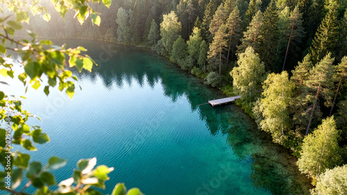 Top down view of scenic crystal clear forest lake surrounded by dense mixed trees copy space.