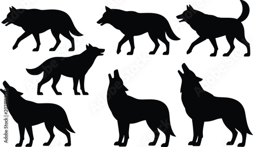Schilderij op canvas Wolf Silhouette Collection Featuring Walking and Howling Wild Canine Poses for W