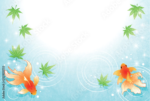 Canvastavla 暑中見舞いはがき、金魚、青もみじ、波紋、かわいい、イラスト、横