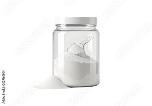 White Powder in Clear Glass Jar with Scoop and Spilled Powder.