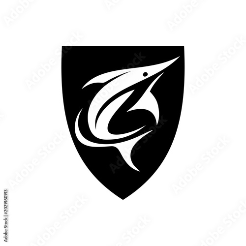 Set of marlin fish shield emblems in sport style. Perfect for team logo, fishing club, branding and merchandise design.