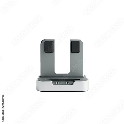 White and gray electronic device stand for charging and display.
