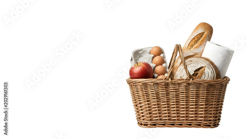 Wicker picnic basket filled with fresh groceries and baked goods.