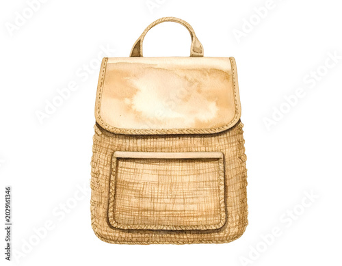 Watercolor illustration of a woven straw rucksack with tan leather flap and front pocket, Isolated on Transparent Background