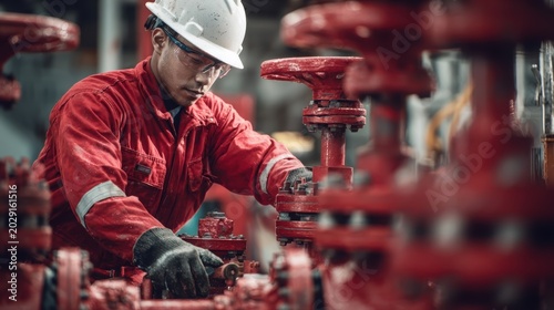Male industrial worker in red uniform and hard hat inspecting machinery in a factory