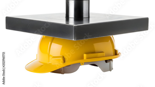 Yellow hard hat under heavy pressure from a metal block.