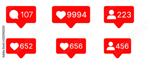 Red Social Media Notification Counter Badges - Like Comment Follow Icons
