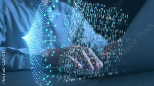 Futuristic concept of an AI-powered document management system (DMS). A businessman is working on a laptop with a virtual holographic interface displaying an artificial intelligence brain,
