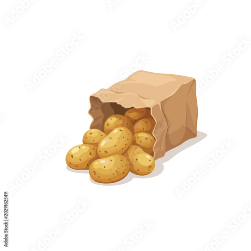 Obraz na płótnie Golden Potatoes Spilling from Brown Paper Bag on White Background Minimalist Ill