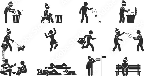 Bild auf Leinwand Human Lifestyle and Daily Activity Stick Figure Icon Collection with Walking Com