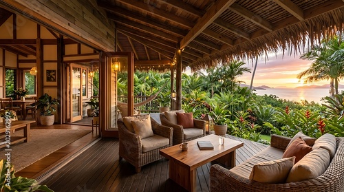 Spacious tropical open-concept home terrace with luxurious rattan seating, offering a stunning panoramic ocean and sunset view amidst lush green foliage