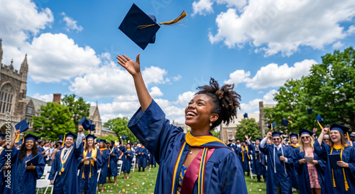 Happy diverse student throwing graduation cap into blue sky.