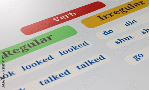 colorful English grammar cards on white background
