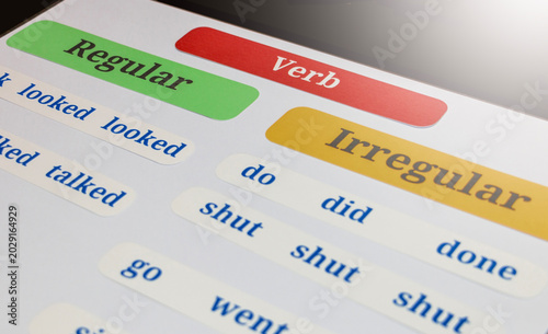 colorful English grammar cards on white background