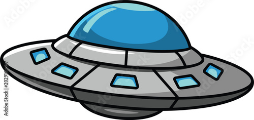 Canvastavla Cartoon UFO spaceship, flying saucer with blue dome, sci fi vector illustration