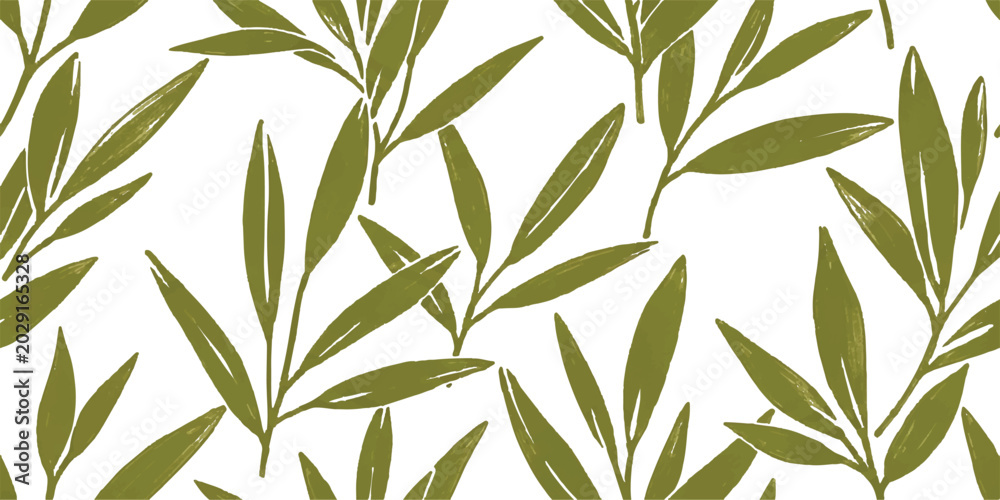Fototapeta premium Seamless pattern with hand drawn green olive leaves and branches on a simple natural background