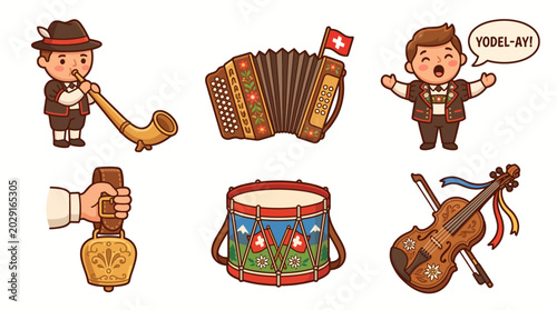 Traditional Swiss music performance with a man playing an alphorn and another man singing while holding a Swiss flag, surrounded by an accordion, a drum, and a violin.