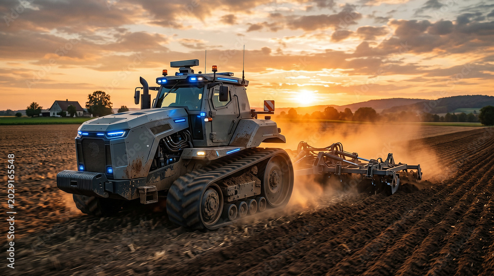 Fototapeta premium Innovative robotic technology clears land in post-conflict area at sunset to support agriculture and rebuilding efforts
