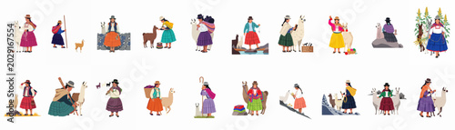 Cuadro en lienzo Collection of Peruvian women in traditional dress with llamas, depicting various Andean cultural activities and daily life in flat illustration style