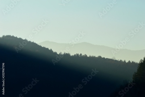 morning fog and sun rays