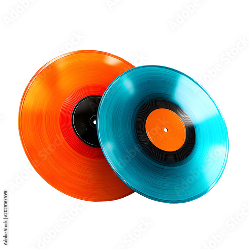 Vinyl records with vibrant gradient colors on reflective surface