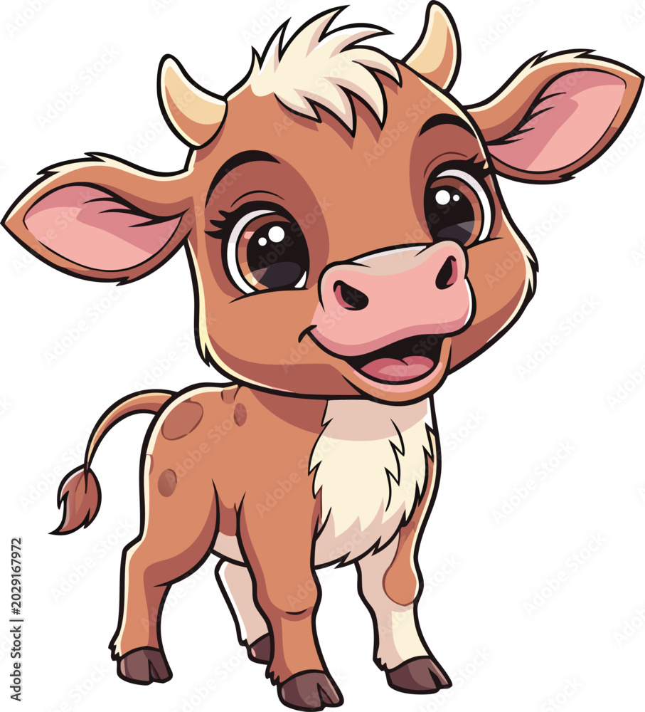Fototapeta premium Cute cartoon cow standing with a friendly expression white background digitally created black eyes domestic livestock illustration character isolated friendly adorable creature wildlife