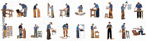 Tableau sur toile A collection of various male carpenters and woodworkers using hand planes and other tools in their workshop settings, isolated on white background