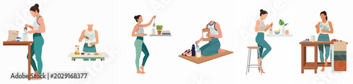 Canvastavla Vector illustration set of a woman in sportswear preparing healthy protein shakes and nutritional supplements for an active and fit lifestyle
