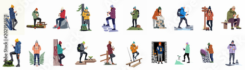 Fotografía A collection of various hikers and outdoor enthusiasts engaged in activities like trekking, navigating, eating, and resting in nature