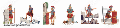 Photos A set of flat vector illustrations of Roman legionaries in various historical poses and ancient ruins settings, showcasing the power of the Roman Empire